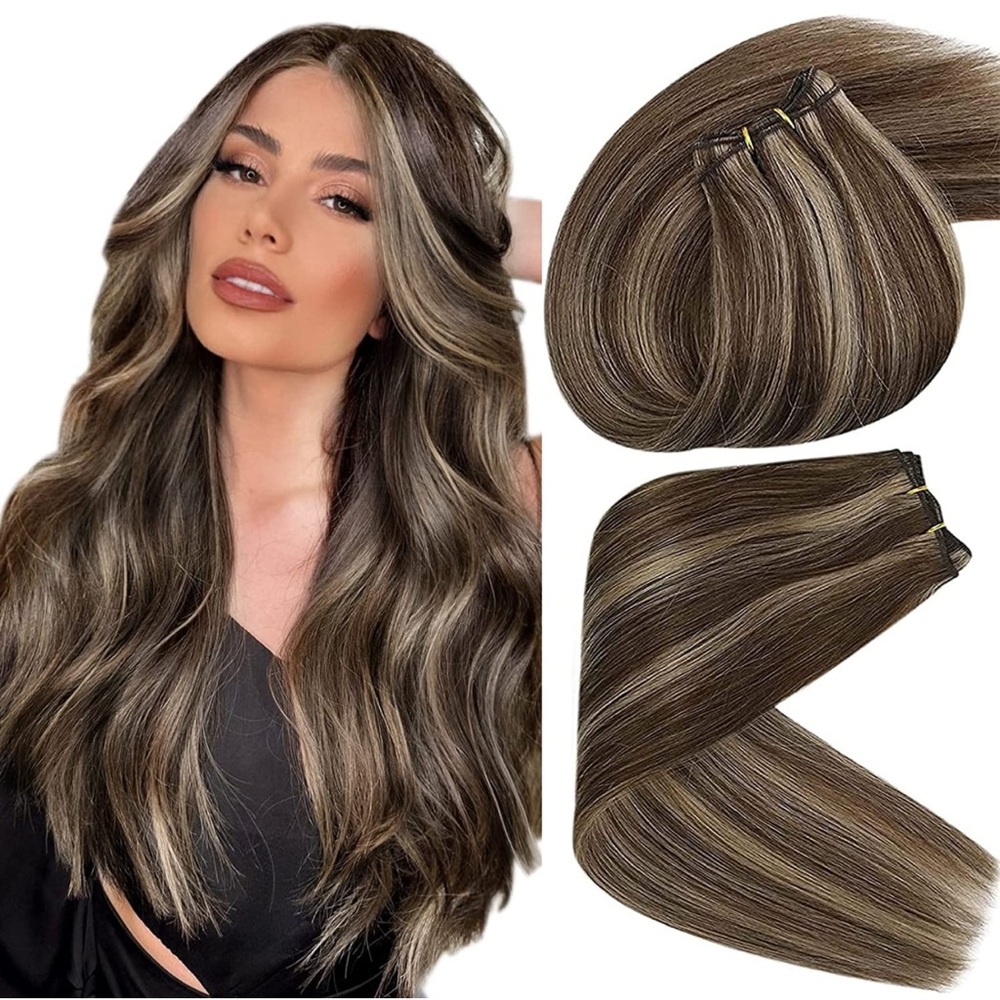 Real human Hair Extensions Chocolate Brown Mix Caramel Blonde Sewed in 18inch